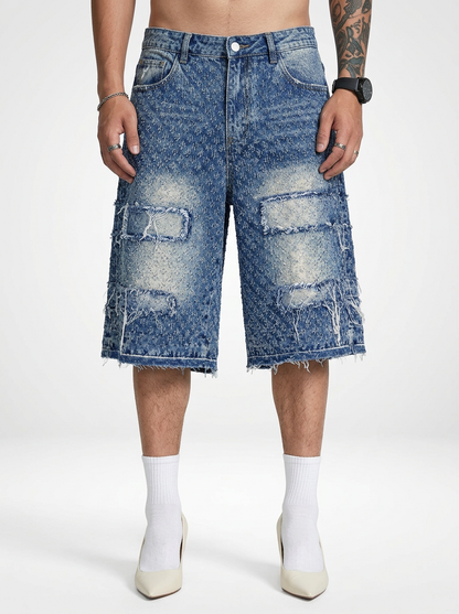 Men’s Relaxed Wide Denim Jeans Shorts Raw Hem