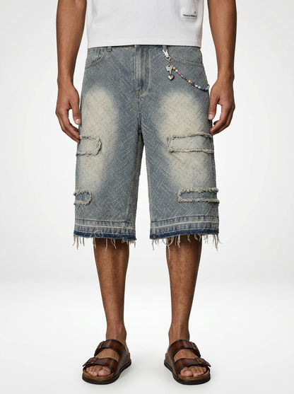 Men’s Relaxed Wide Denim Jeans Shorts Raw Hem