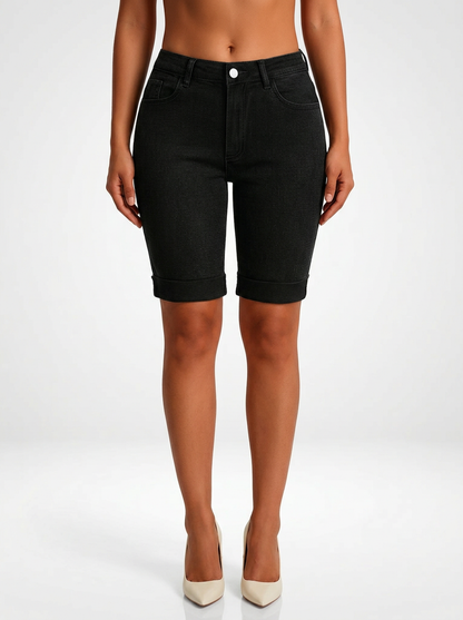 Mid-Rise Stretch Denim Jeans Shorts for Women Knee Length