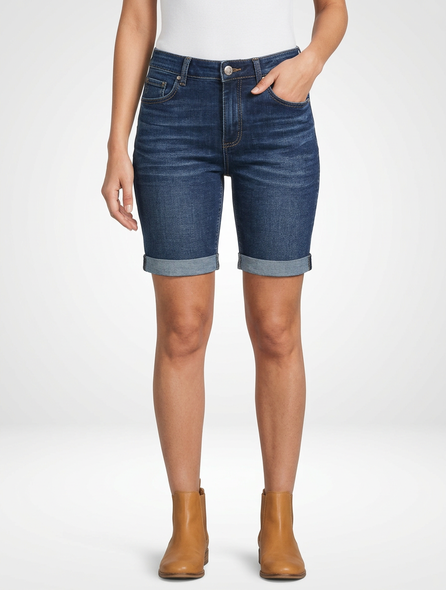 Mid-Rise Stretch Denim Jeans Shorts for Women Knee Length