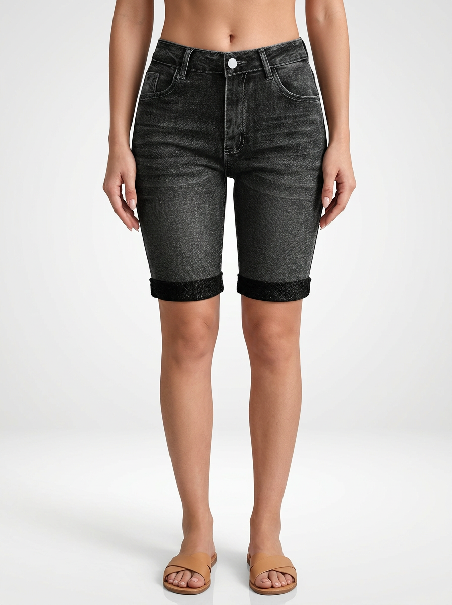 Mid-Rise Stretch Denim Jeans Shorts for Women Knee Length