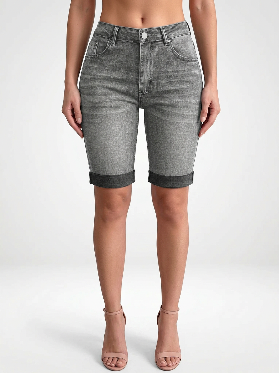 Mid-Rise Stretch Denim Jeans Shorts for Women Knee Length