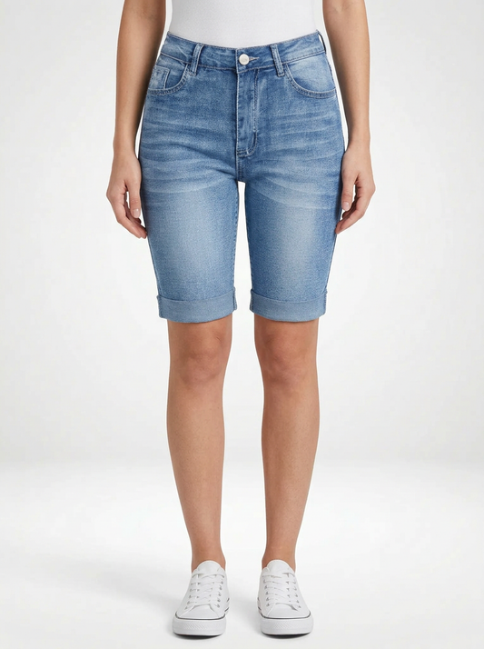 Mid-Rise Stretch Denim Jeans Shorts for Women Knee Length