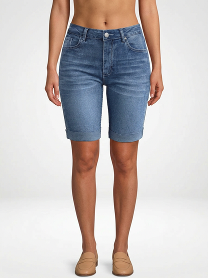 Mid-Rise Stretch Denim Jeans Shorts for Women Knee Length
