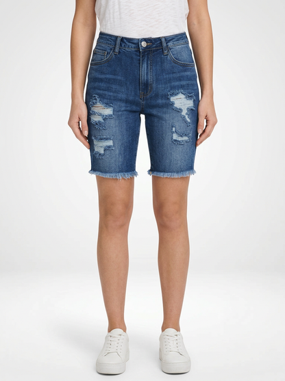 Mid-Waist Denim Jeans Shorts for Women Raw Edge Hem