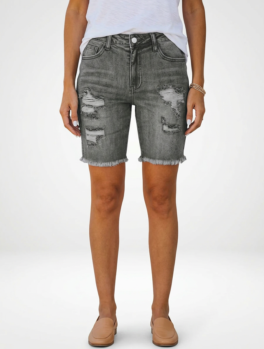 Mid-Waist Denim Jeans Shorts for Women Raw Edge Hem