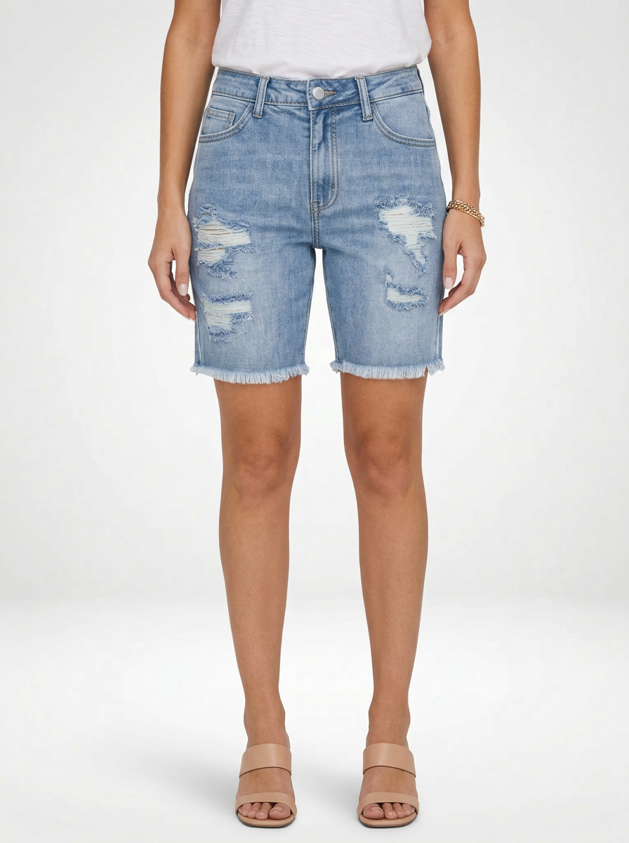 Mid-Waist Denim Jeans Shorts for Women Raw Edge Hem