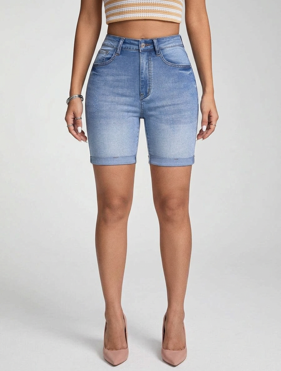 Slim Fit Denim Jeans Shorts for Women High Waist Cut