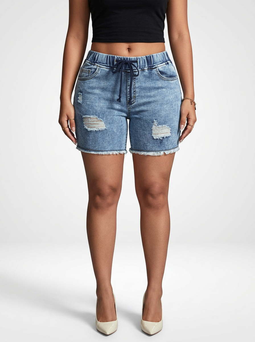 Stretch Denim Jeans Shorts for Women Drawstring Waist Skinny Fit