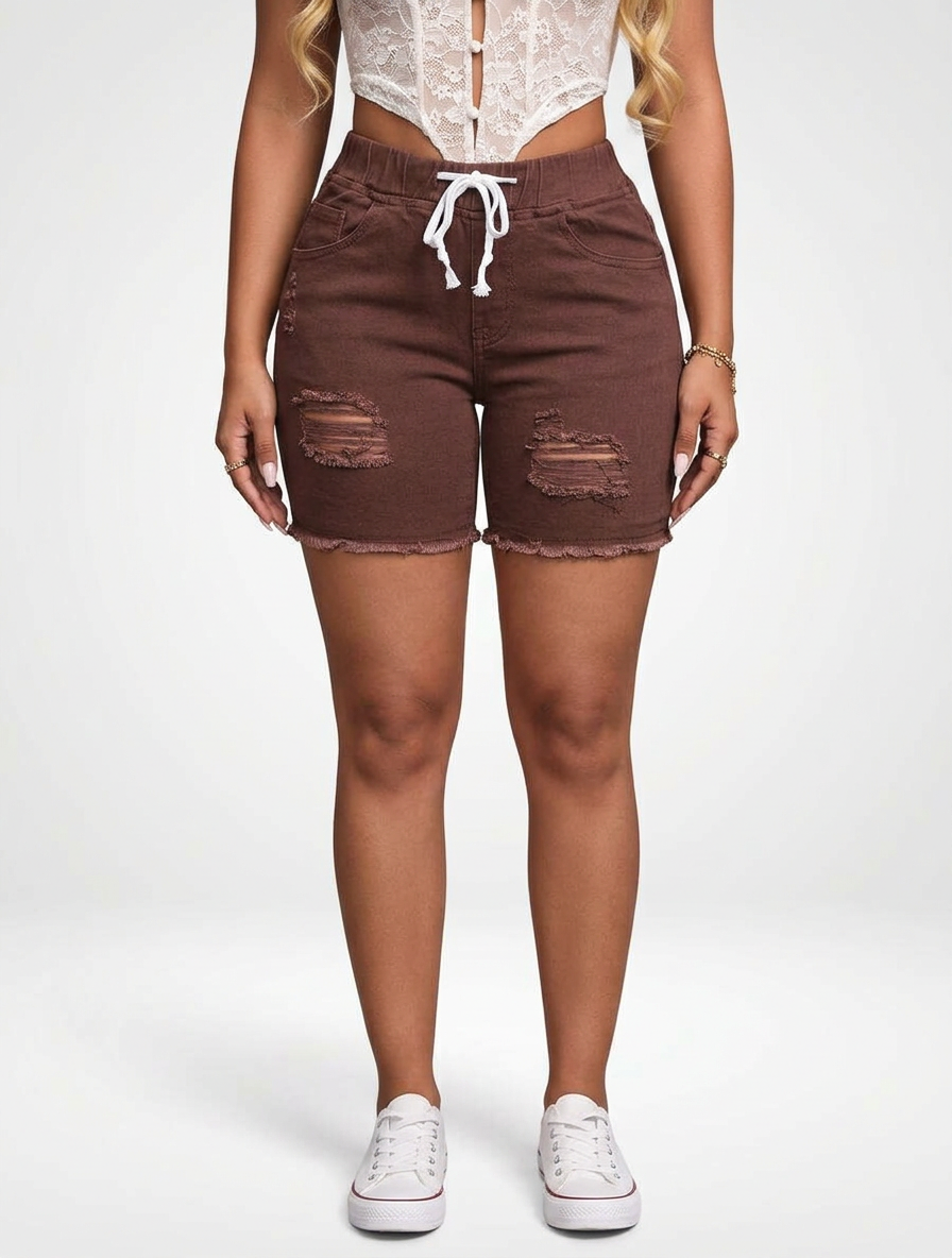 Stretch Denim Jeans Shorts for Women Drawstring Waist Skinny Fit