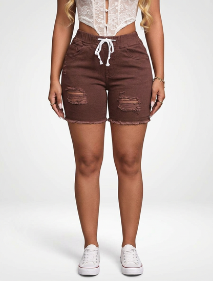 Stretch Denim Jeans Shorts for Women Drawstring Waist Skinny Fit