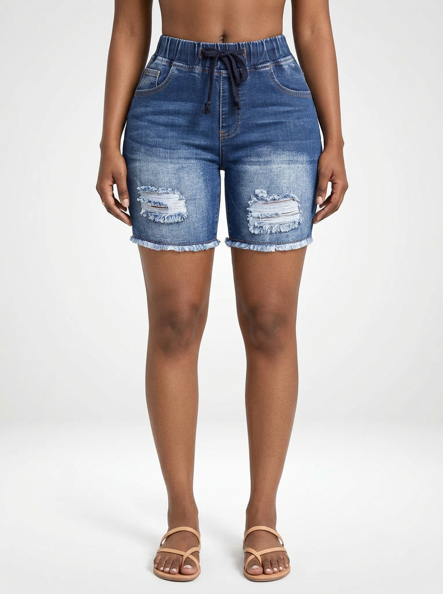 Stretch Denim Jeans Shorts for Women Drawstring Waist Skinny Fit