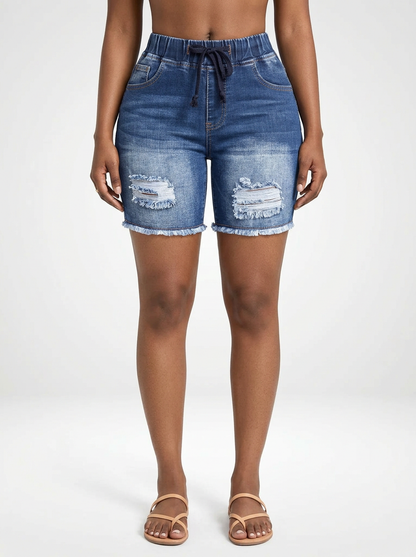 Stretch Denim Jeans Shorts for Women Drawstring Waist Skinny Fit