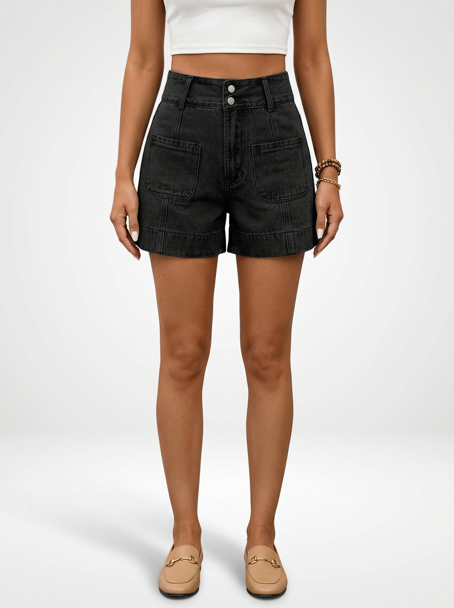 Wide Leg Denim Jeans Shorts for Women Mid-Rise Fit