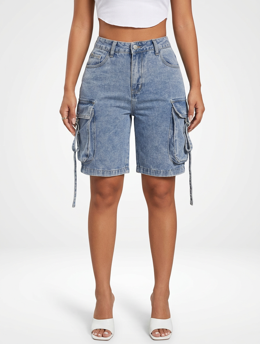 Women’s Loose Fit Denim Jeans Cargo Shorts Knee Length