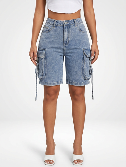 Women’s Loose Fit Denim Jeans Cargo Shorts Knee Length