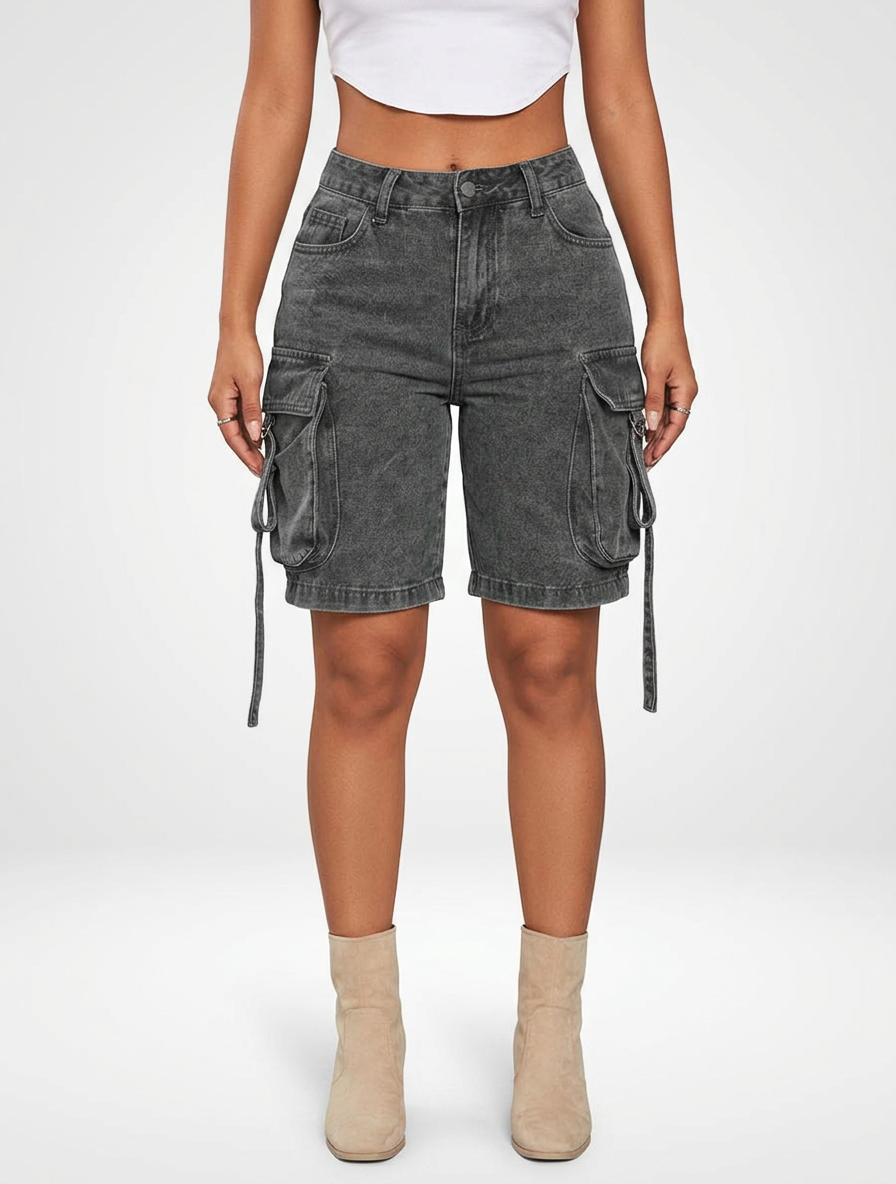Women’s Loose Fit Denim Jeans Cargo Shorts Knee Length
