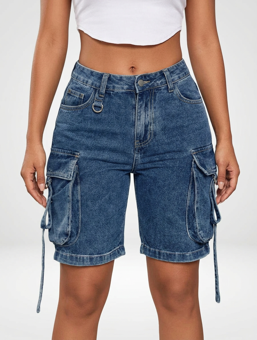 Women’s Loose Fit Denim Jeans Cargo Shorts Knee Length