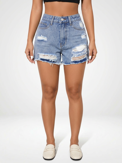 Women’s Structured Denim Jeans Shorts with Raw Edge Detail