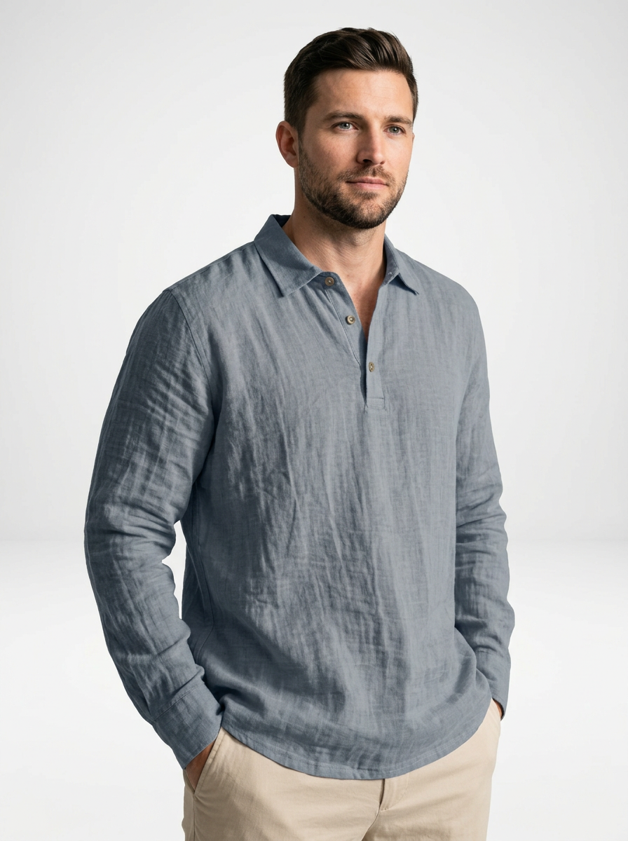 Men’s Relaxed Fit Linen Long Sleeve Polo Shirt