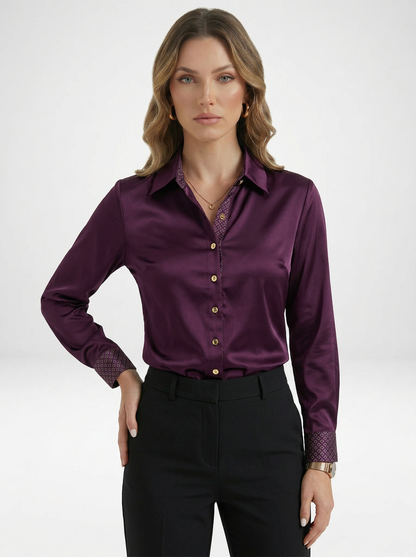 Women's Satin Long Sleeve Button-Up Blouse with Collar