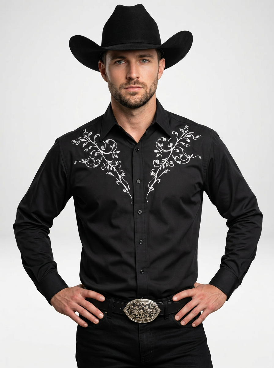 Men’s Embroidered Western Long Sleeve Cowboy Shirt
