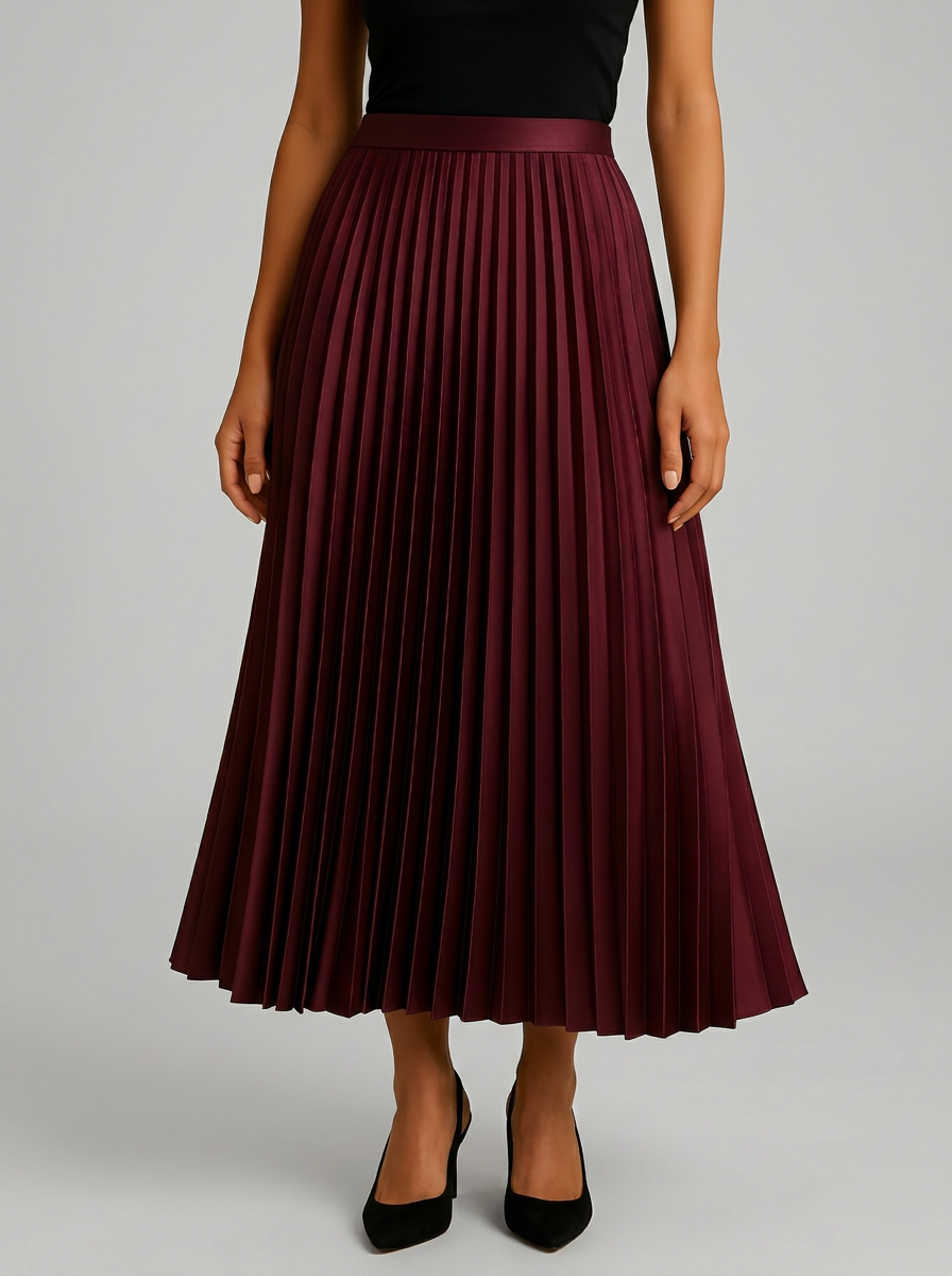 Women's Satin Pleated High Waist Midi Skirt