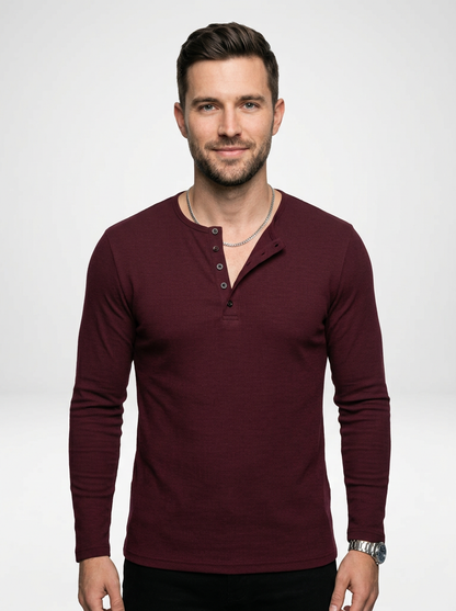 Men’s Ribbed Long-Sleeve Henley Shirt Featuring a Partial Button Front