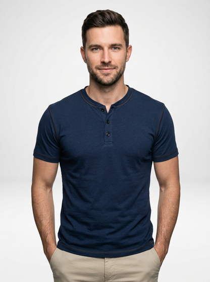 Men’s Short Sleeve Henley T-Shirt in Cotton Blend with Button Placket