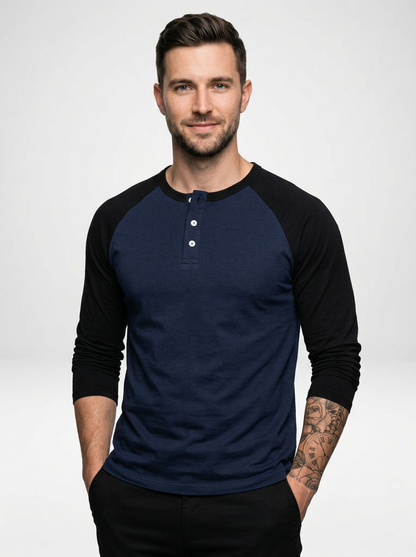 Men’s Long Sleeve Henley Shirt with Contrast Raglan Sleeves
