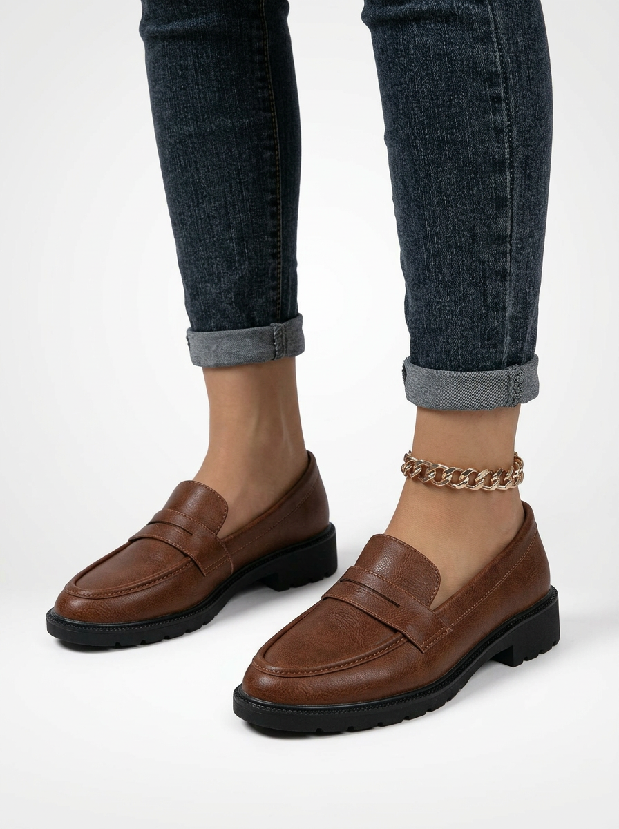 Women's Black Minimalist Round Toe Penny Loafers