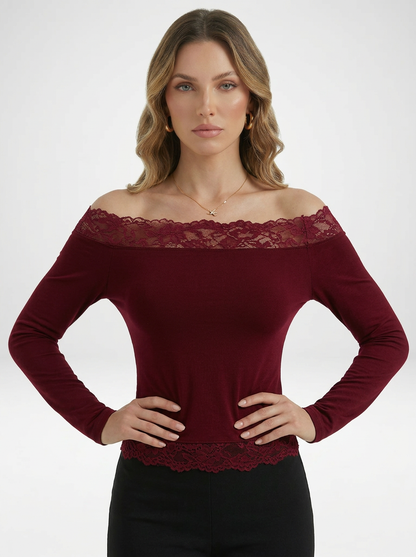 Women's Lace Trim Off Shoulder Long Sleeve Blouse