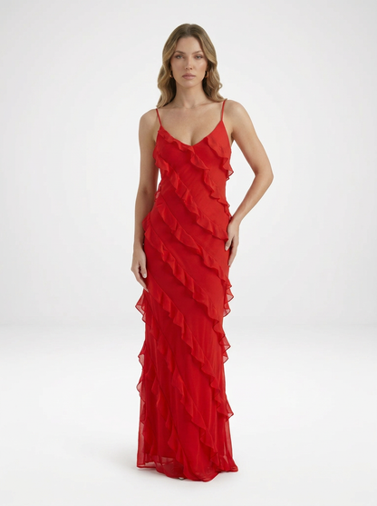 Romantic Ruffle Chiffon Evening Gown Maxi Dress