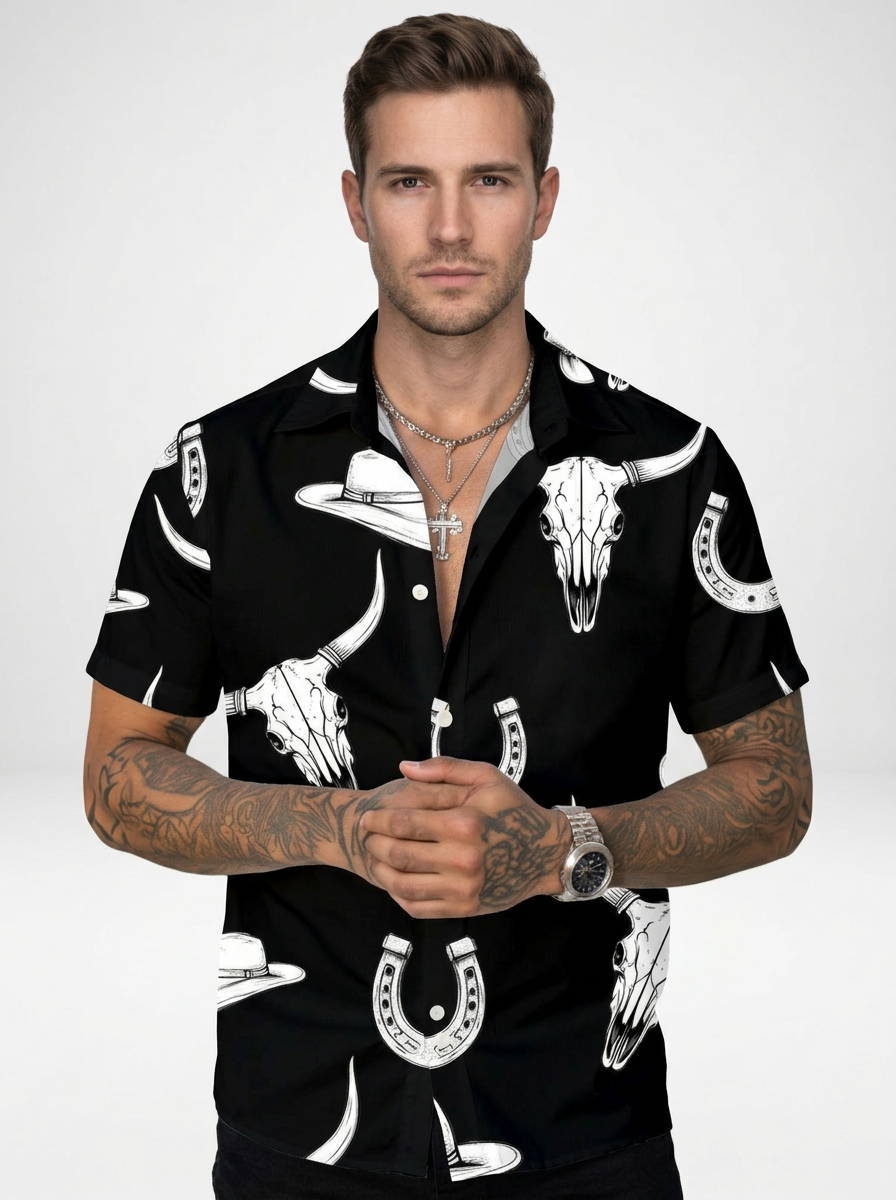 Men’s Western Cowboy Shirt with Bull Skull Print and Short Sleeves