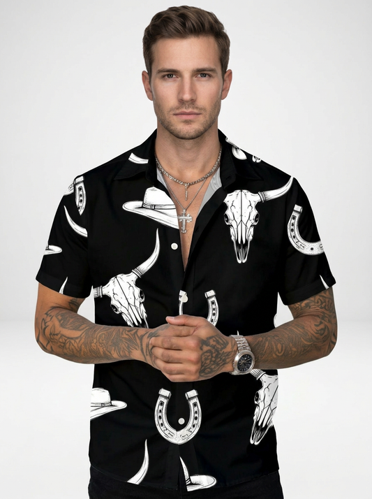 Men’s Western Cowboy Shirt with Bull Skull Print and Short Sleeves