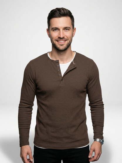 Men’s Ribbed Long-Sleeve Henley Shirt Featuring a Partial Button Front