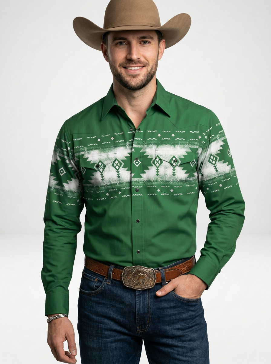 Men’s Retro Geometric Print Western Long Sleeve Cowboy Shirt