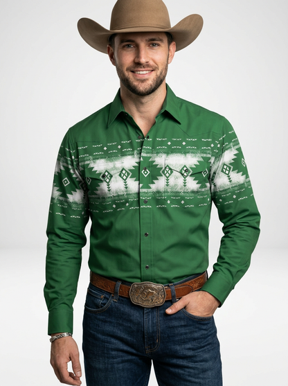 Men’s Retro Geometric Print Western Long Sleeve Cowboy Shirt