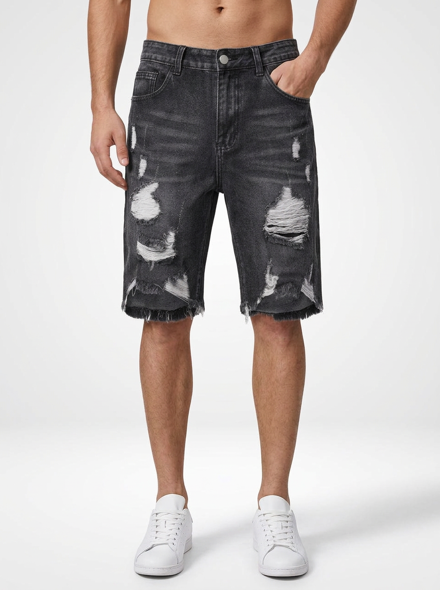Men’s Distressed Denim Jeans Shorts Raw Hem Skinny Fit