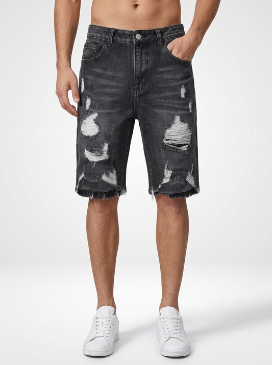 Men’s Distressed Denim Jeans Shorts Raw Hem Skinny Fit