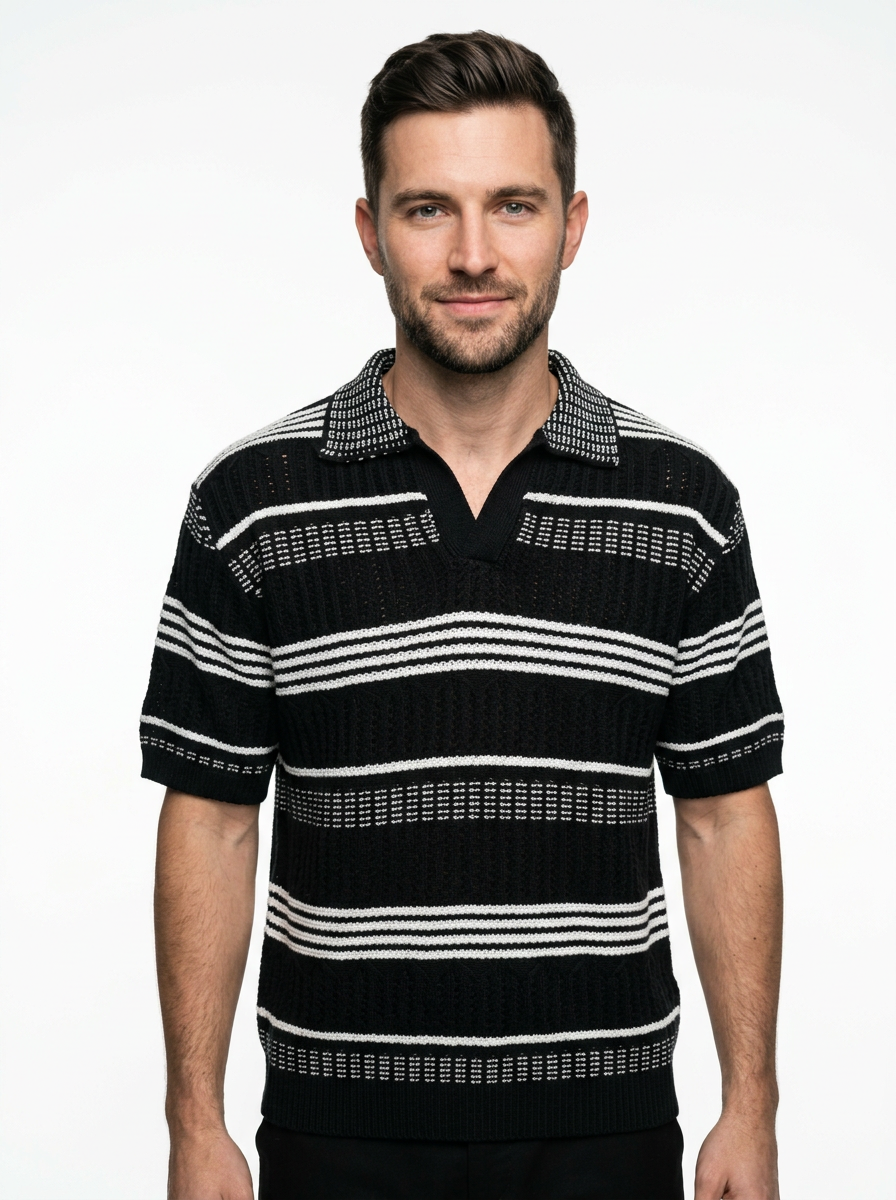 Men’s Striped Knit Polo Shirt with Relaxed Coastal Hollow-Out Design