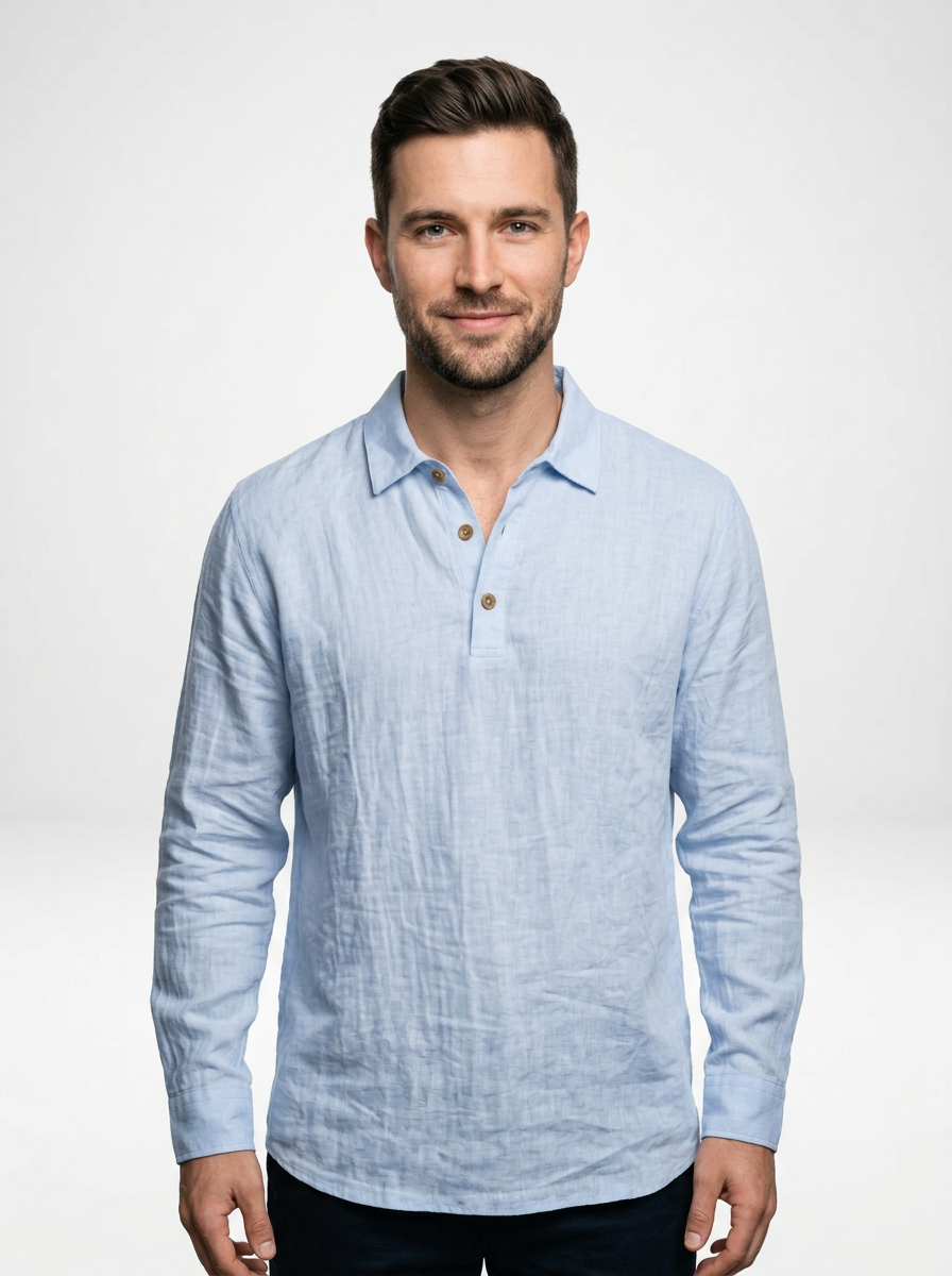 Men’s Linen Long Sleeve Polo Shirt with Relaxed Fit