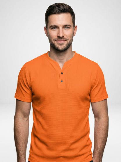 Men’s Short Sleeve Henley Tee Featuring Notched Collar and Button Accents