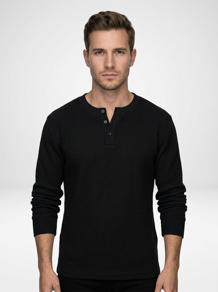 Men’s Long Sleeve Henley Pullover in Waffle Knit with Button Accents