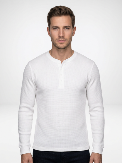 Men’s Long Sleeve Henley Pullover in Waffle Knit with Button Accents