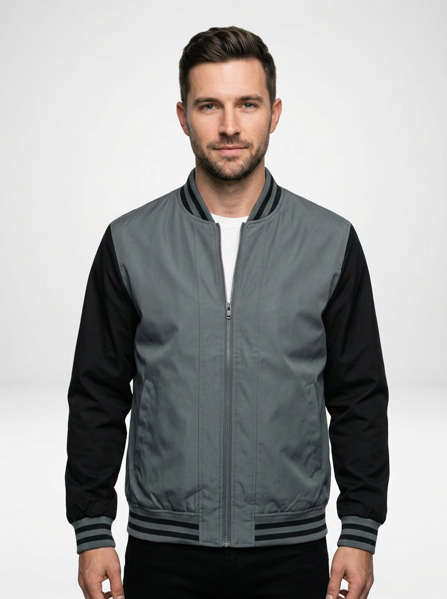 Men’s Color Block Striped Trim Bomber Jacket