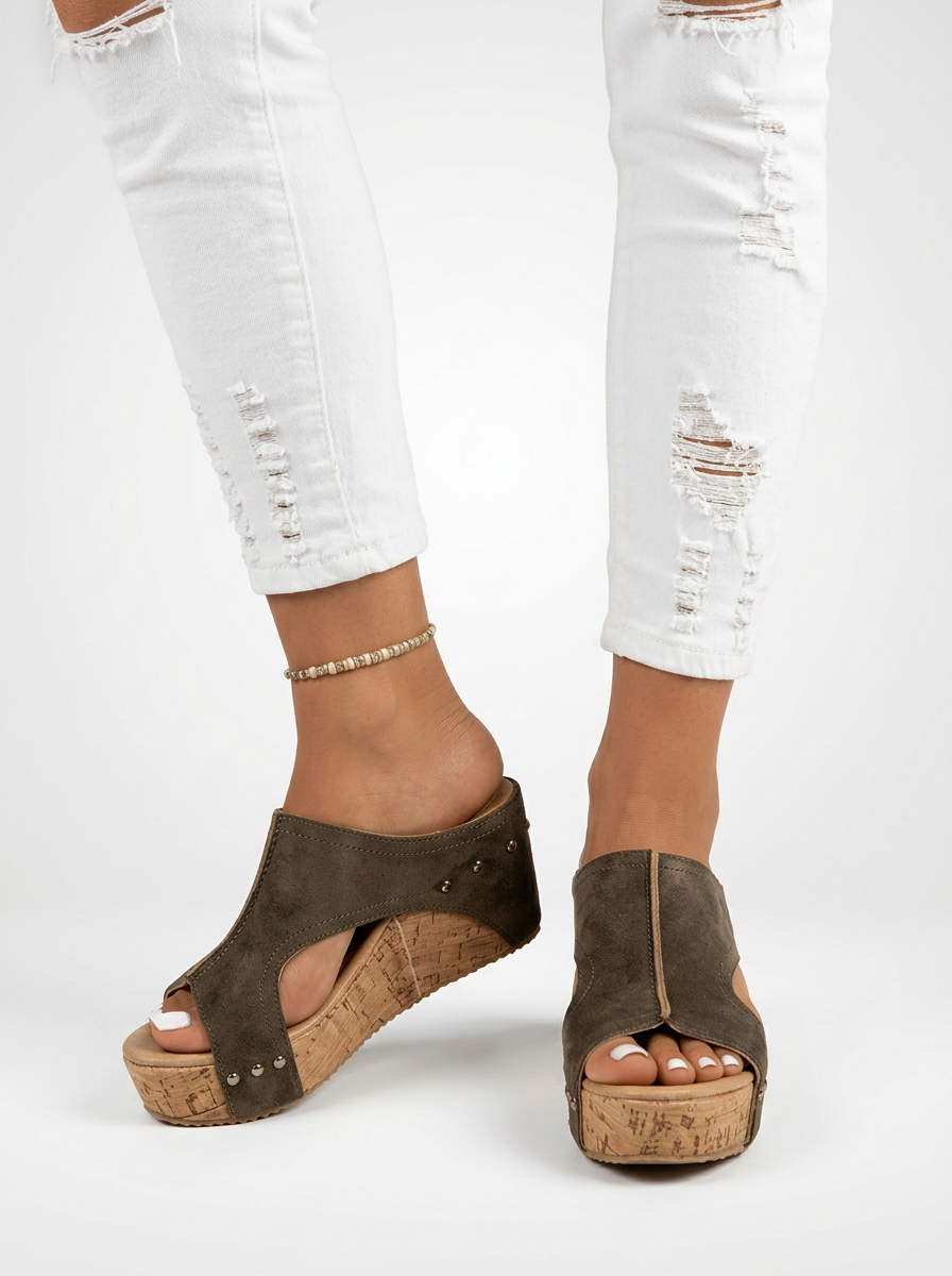 Rivet Detail Cork Wedge Slide Sandals