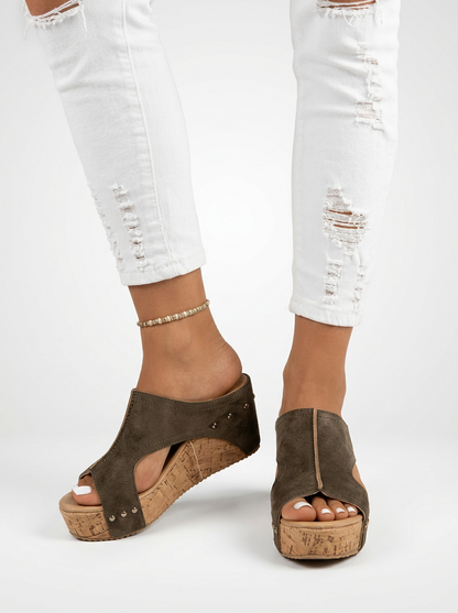 Rivet Detail Cork Wedge Slide Sandals