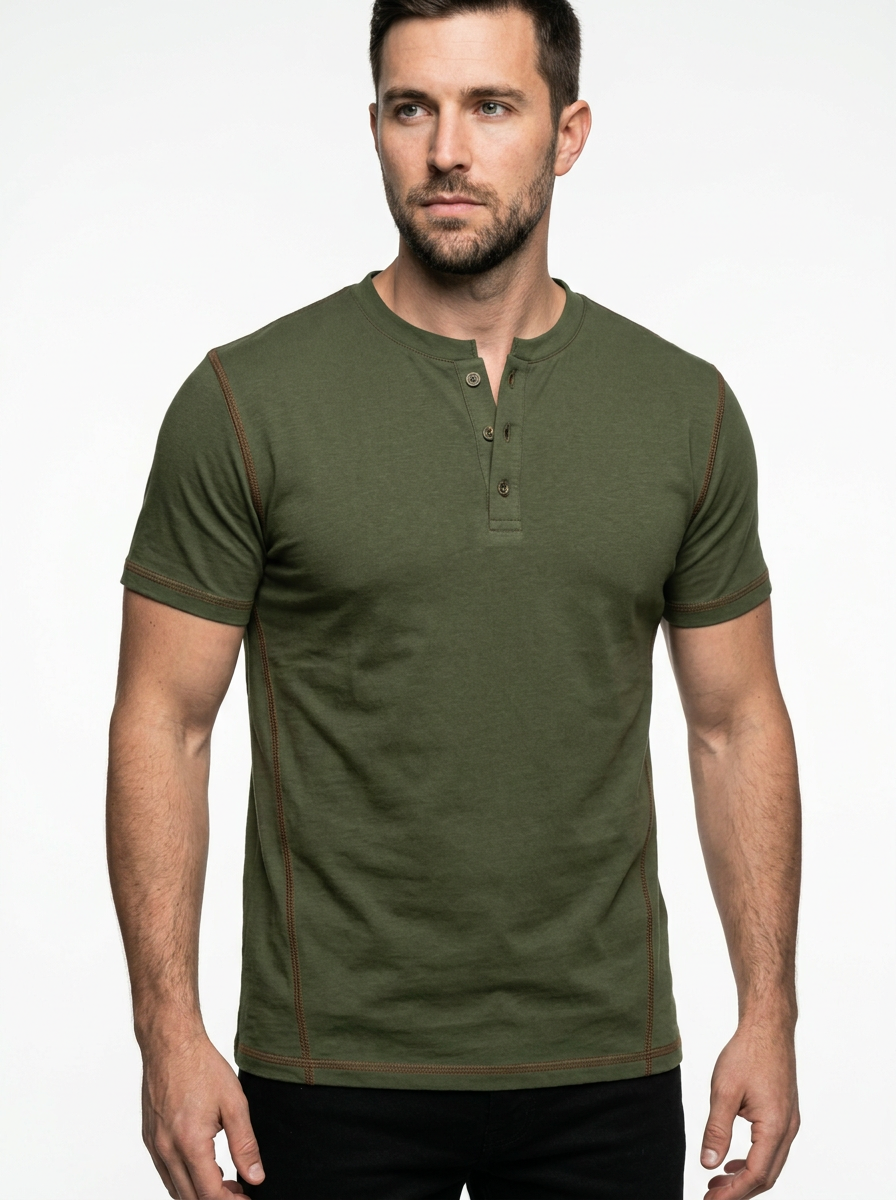 Men’s Short Sleeve Henley T-Shirt in Cotton Blend with Button Placket