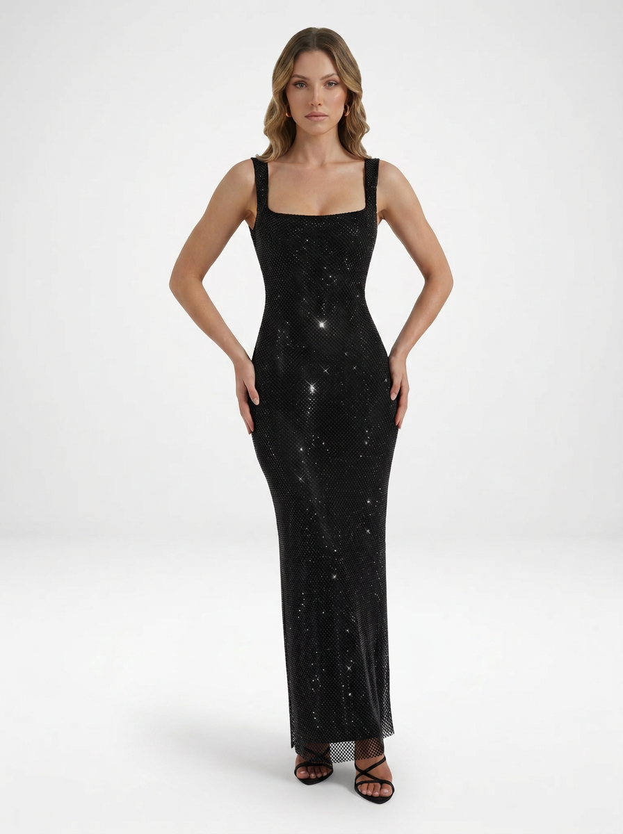 Embellished Satin Evening Maxi Dress